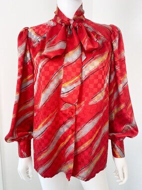 Vintage 1980s Silky Red and Gray Bow Blouse Top Size 10/12